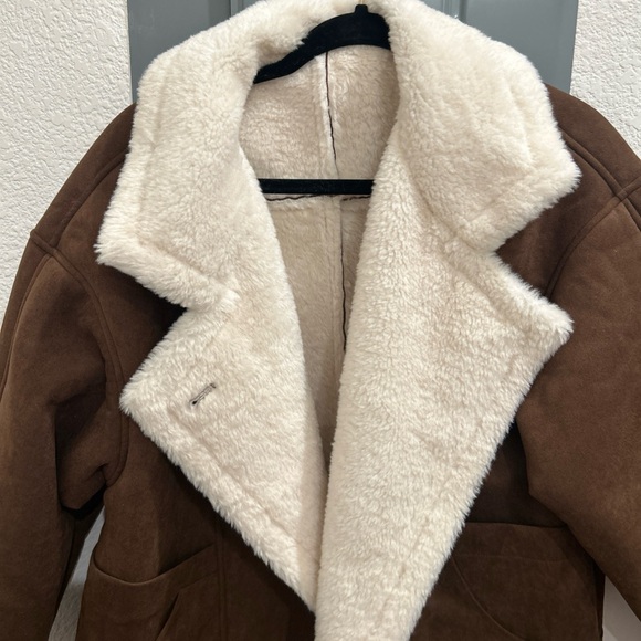 Commense Fleece Lined Lapel Coat Jacket Suede Sherpa Brown White Collar Size M - Picture 5 of 7